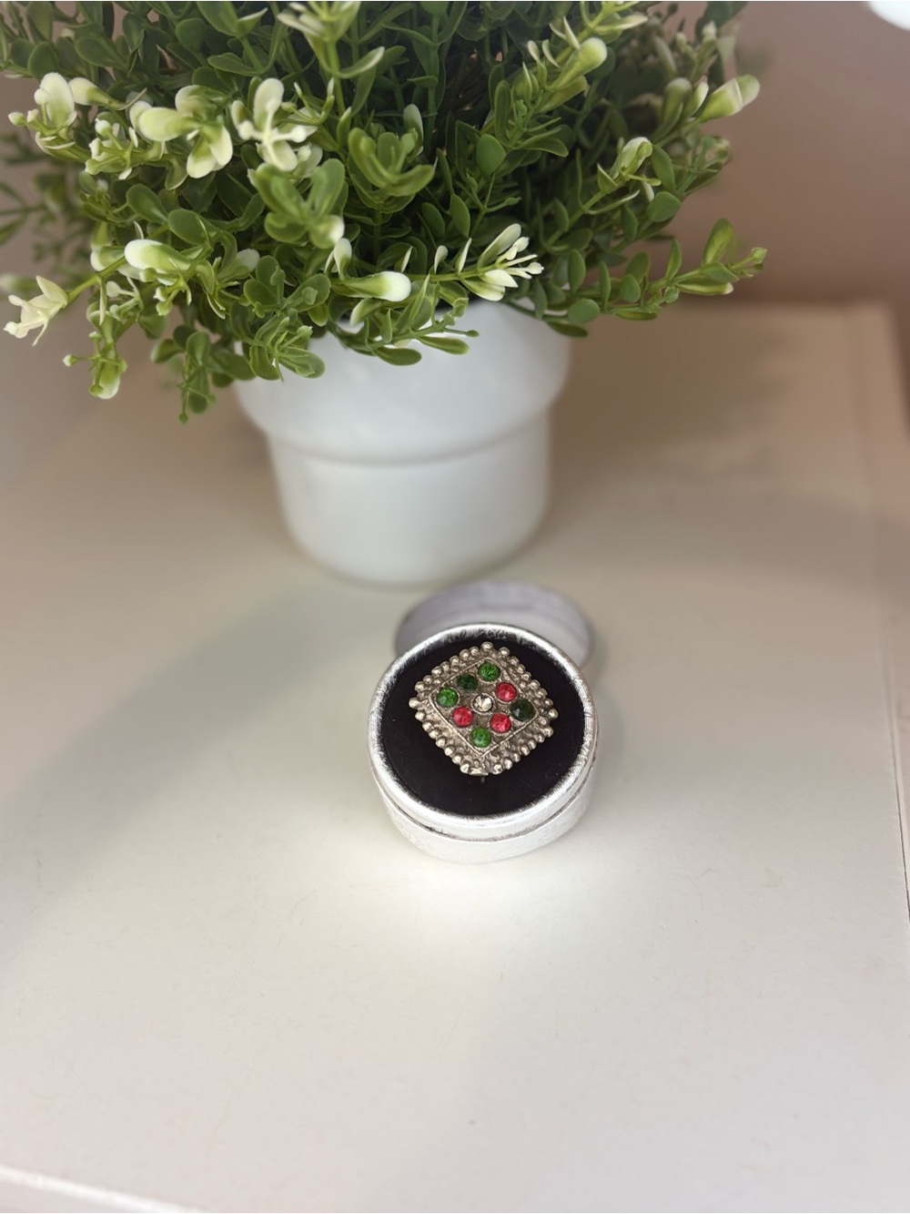 Vintage Silver Tone Red Green Rhinestone Square Statement Cocktail Ring
